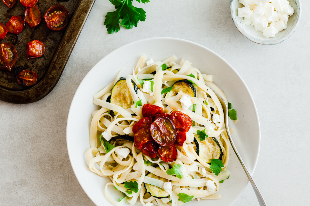 Courgette, tomato and feta pasta | Cloudburst Kitchen
