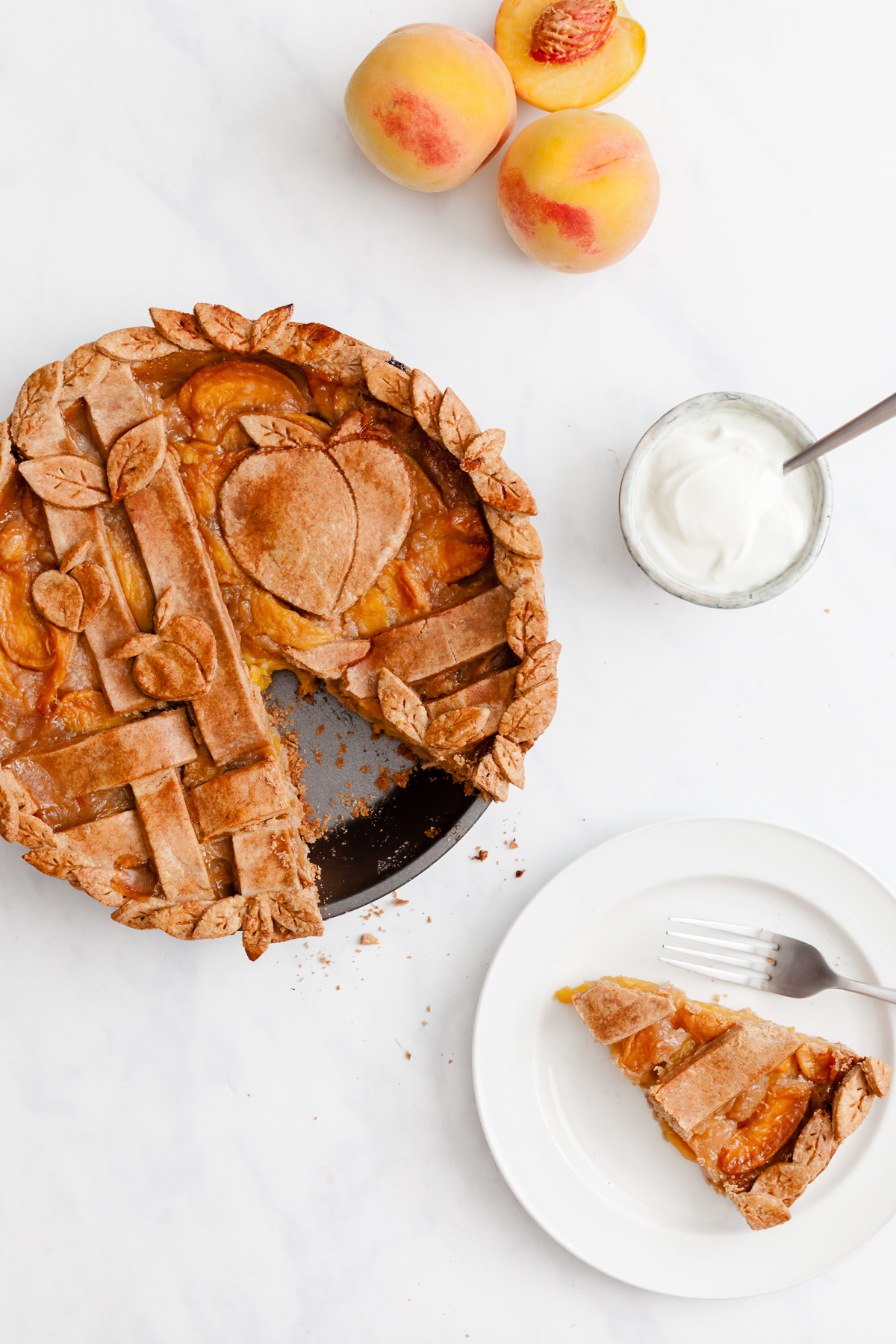 peach pie made with a buckwheat rye crust