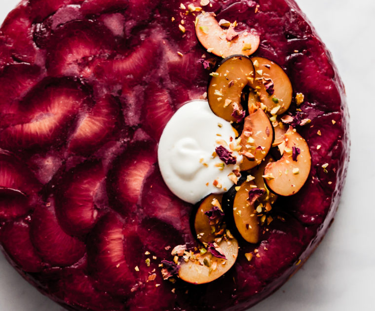 Upside Down Plum Cake with Yoghurt and Pistachios